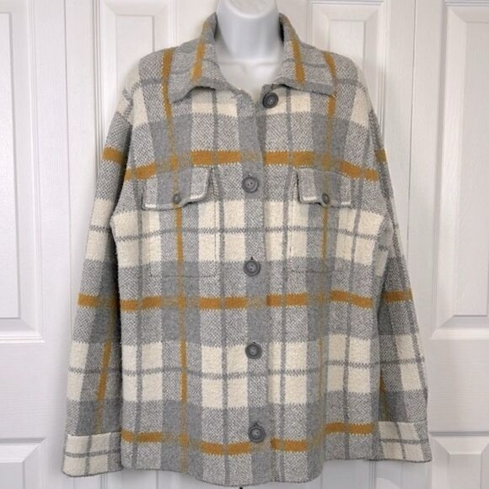Rachel Zoe Grey Cream Mustard Plaid Sweater Shacket Size S  fits oversized